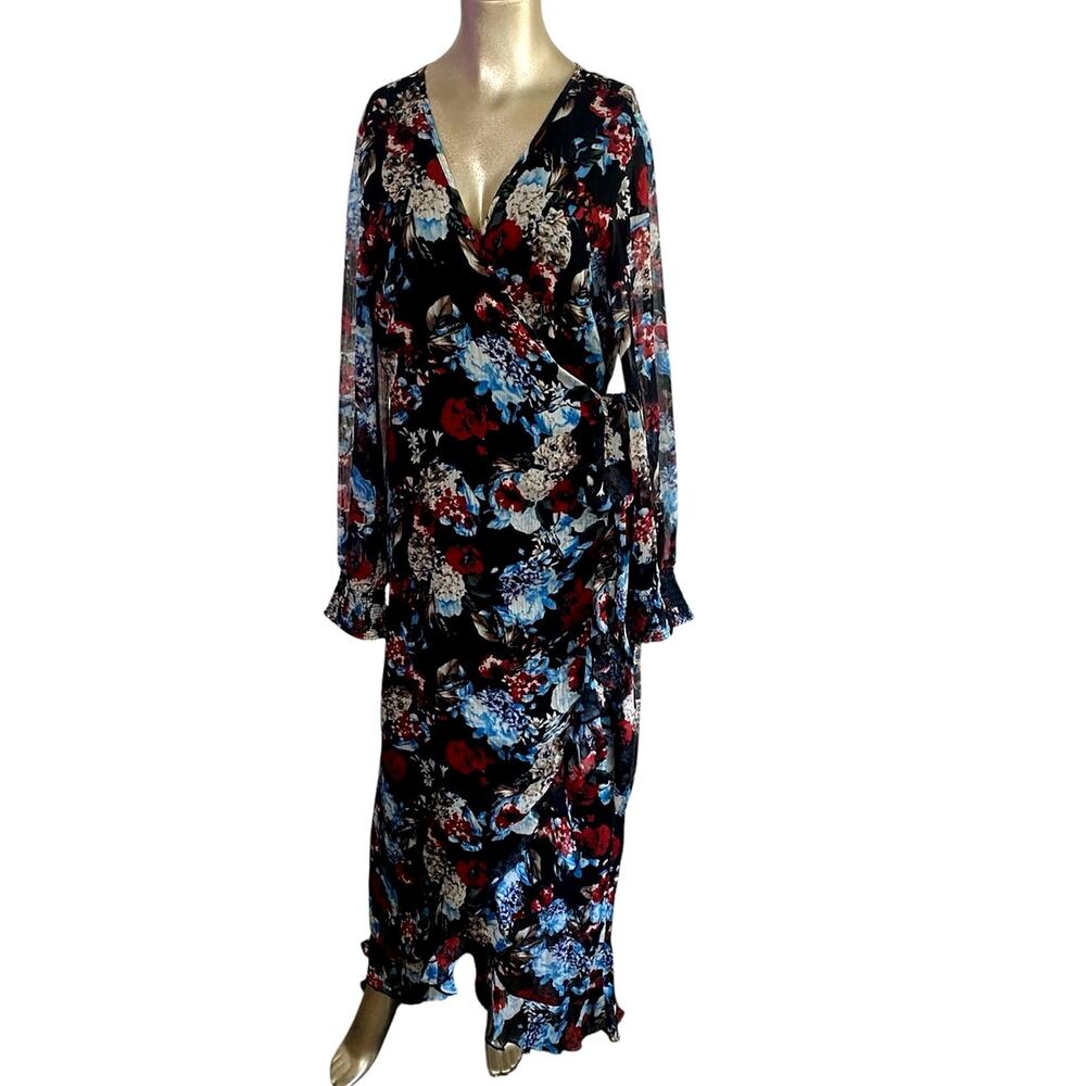 Elan Floral Wrap Maxi Dress Medium Long Sleeve Boho V-Neck Ruffle Cuff